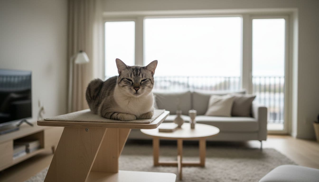 A serene adult domestic cat rests comfortably on a stylish light wood cat tree in a minimalist Scandinavian living room, bathed in natural light for a cozy atmosphere.