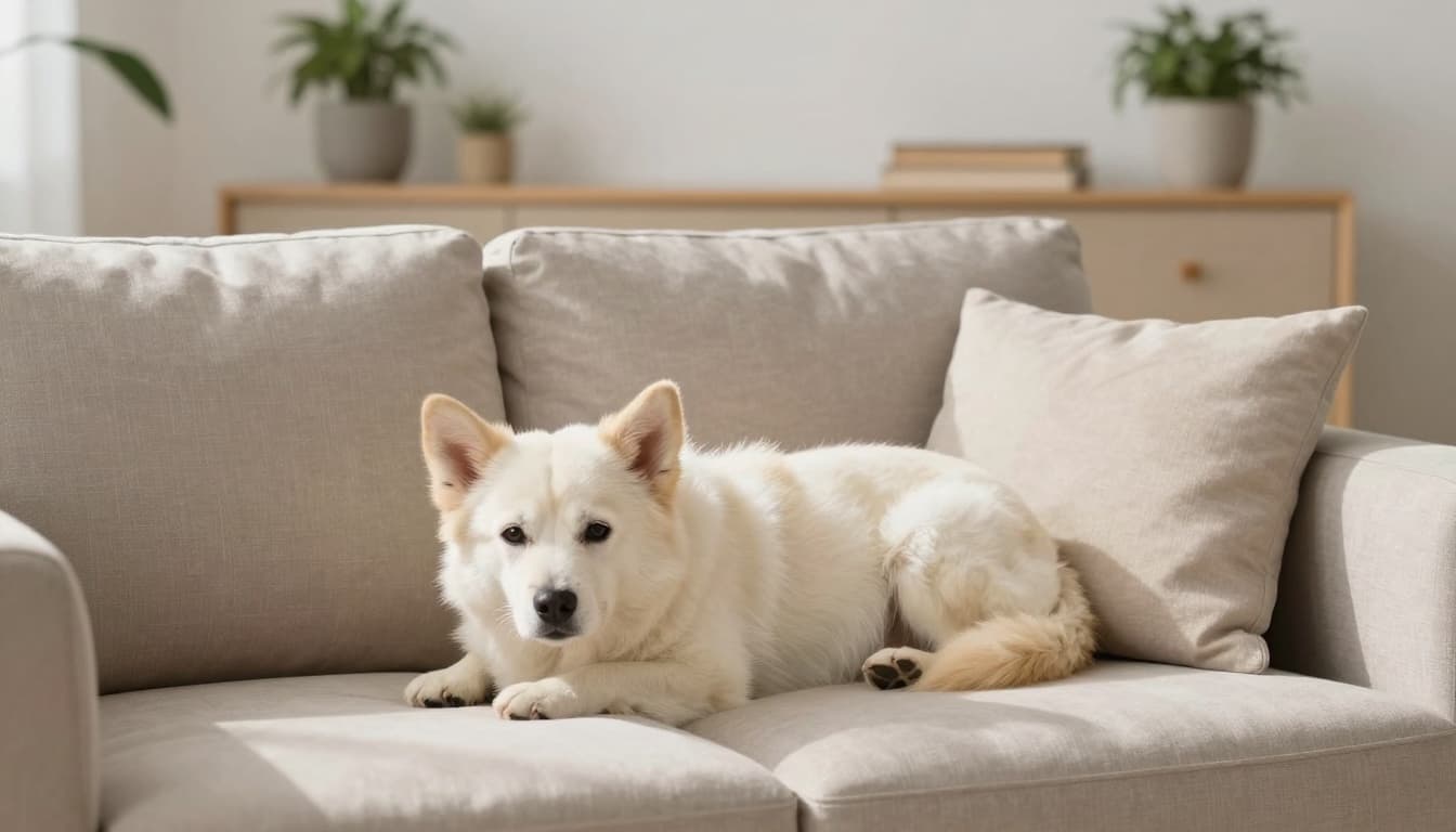 A serene cat rests peacefully on a sofa in a bright, minimalist Scandinavian living room with subtle green plants, light wood shelves, and soft natural light in neutral tones.