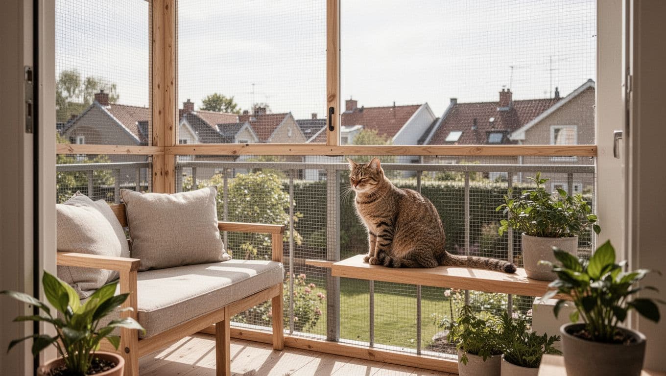 A relaxed adult cat sits safely inside a fine mesh balcony enclosure in a minimalist Scandinavian home, bathed in bright morning light with neutral tones and green plants.