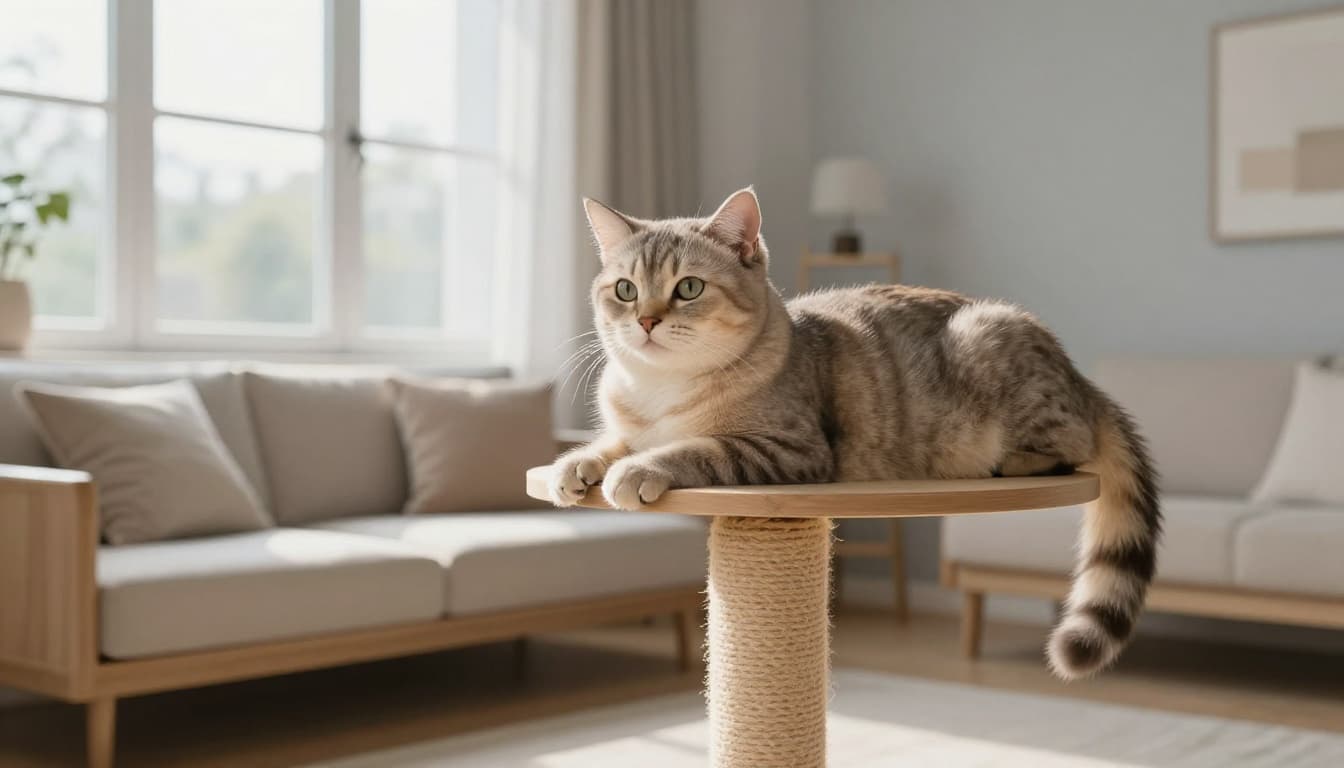 A serene indoor cat relaxes on a minimalist sisal scratching post in a bright Scandinavian living room, with natural light highlighting its soft fur and trimmed claws.