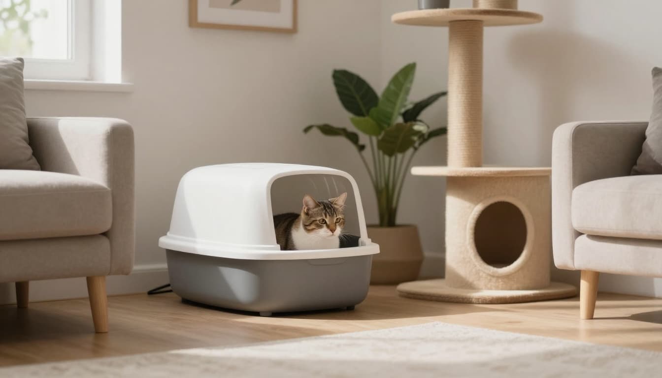 A relaxed cat uses a pristine litter box in a quiet corner of a modern Scandinavian living room with cozy beige and wood decor, natural light, plants, and a high-end cat tree.