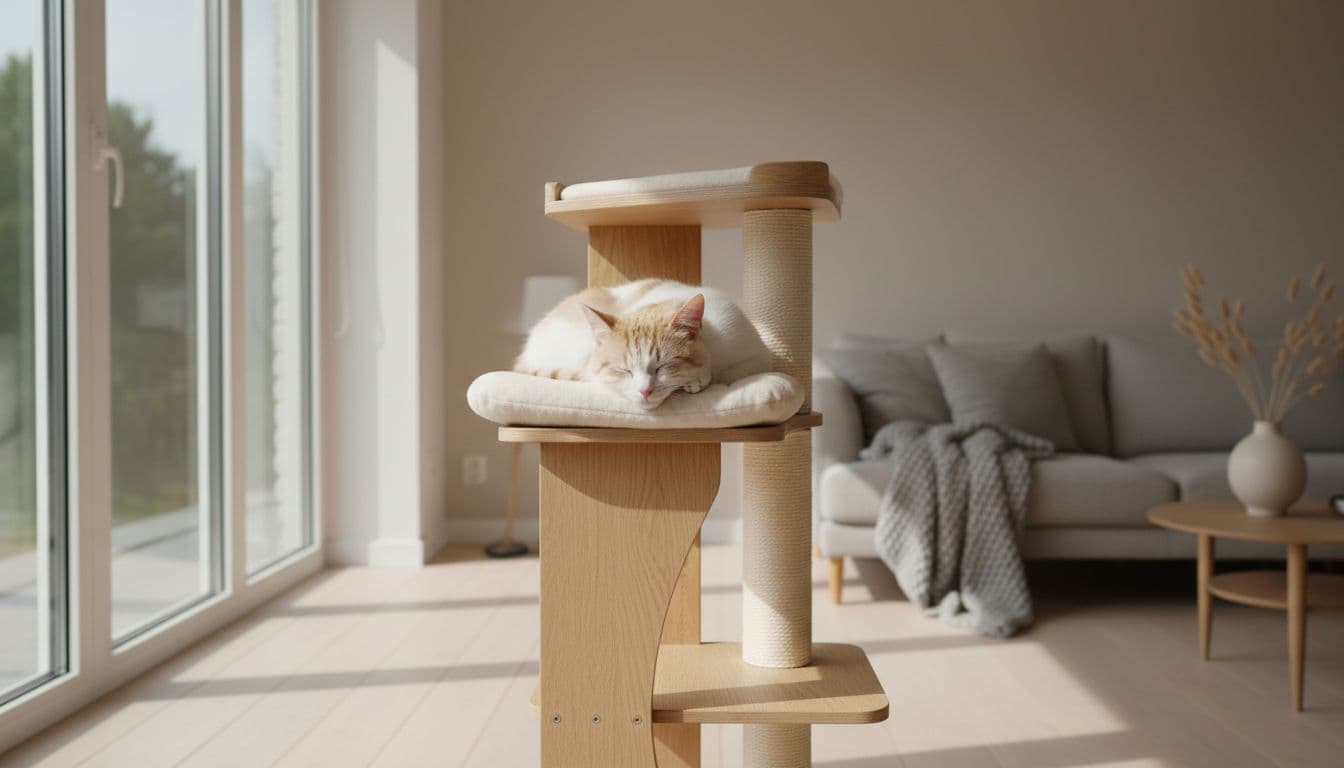 A serene domestic cat rests comfortably on a premium wooden cat tree in a bright Scandinavian living room with natural light, minimalist decor, and a cozy atmosphere evoking calm recovery.
