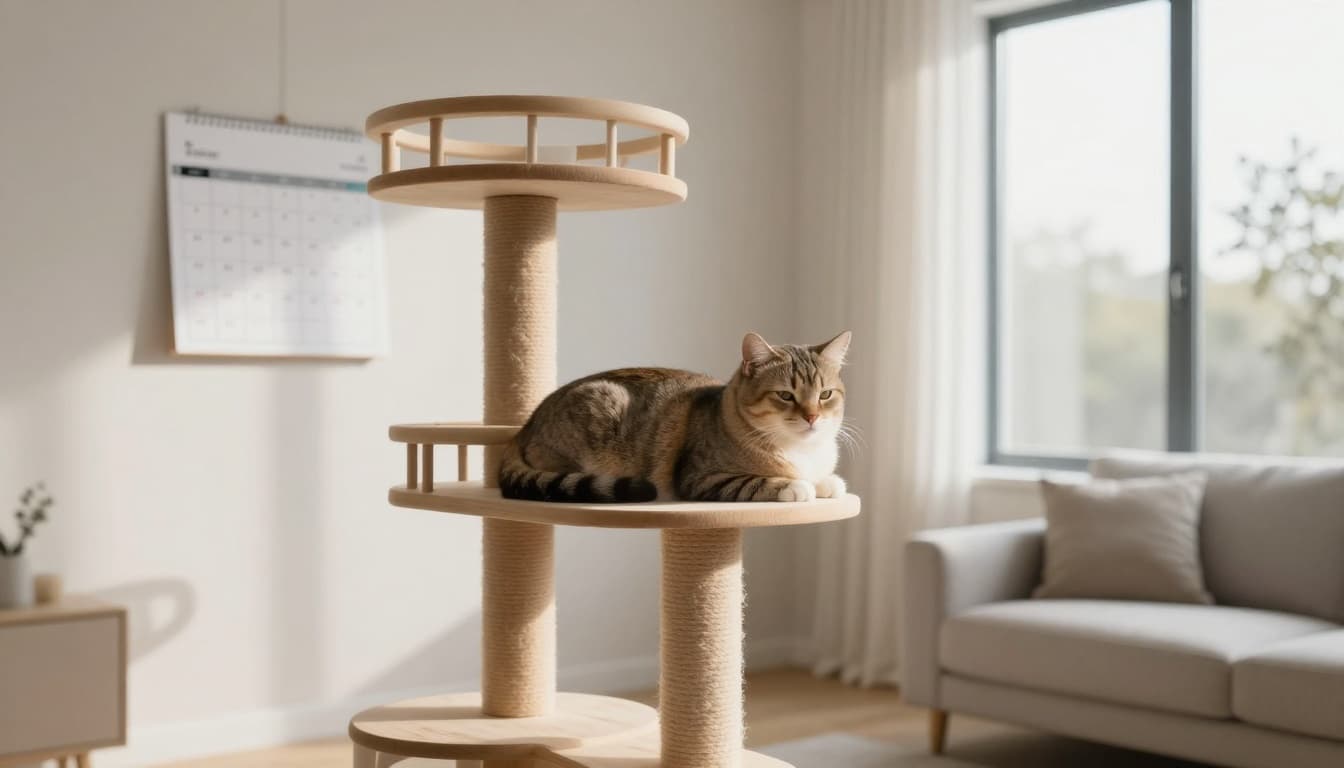 A serene adult cat rests peacefully on a stylish solid wood cat tree in a modern Scandinavian living room with bright natural light and minimalist decor.