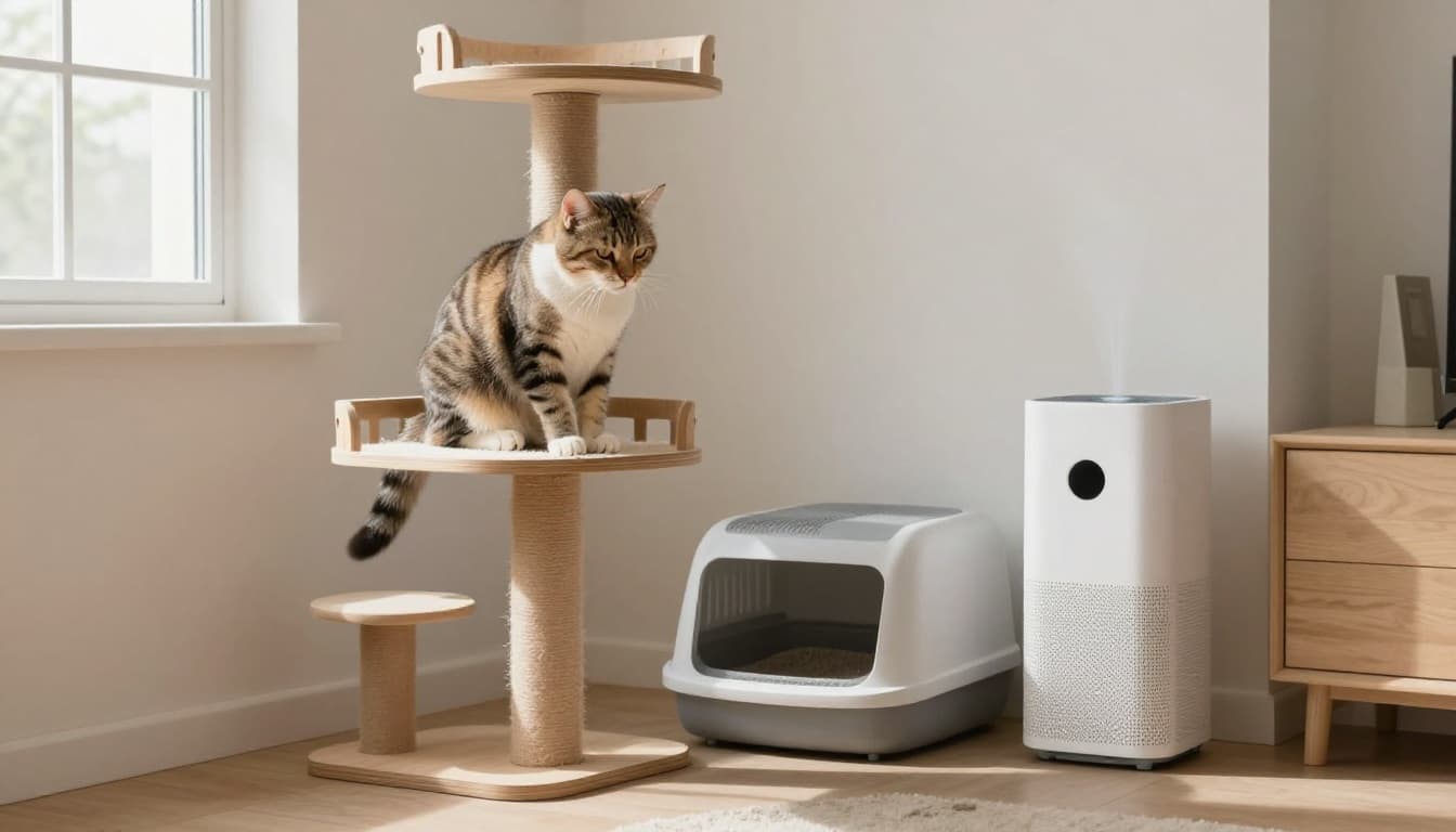 A domestic cat sits comfortably on a stylish wooden cat tree perch in a clean modern Scandinavian interior with nearby low-dust litter box and ventilation.