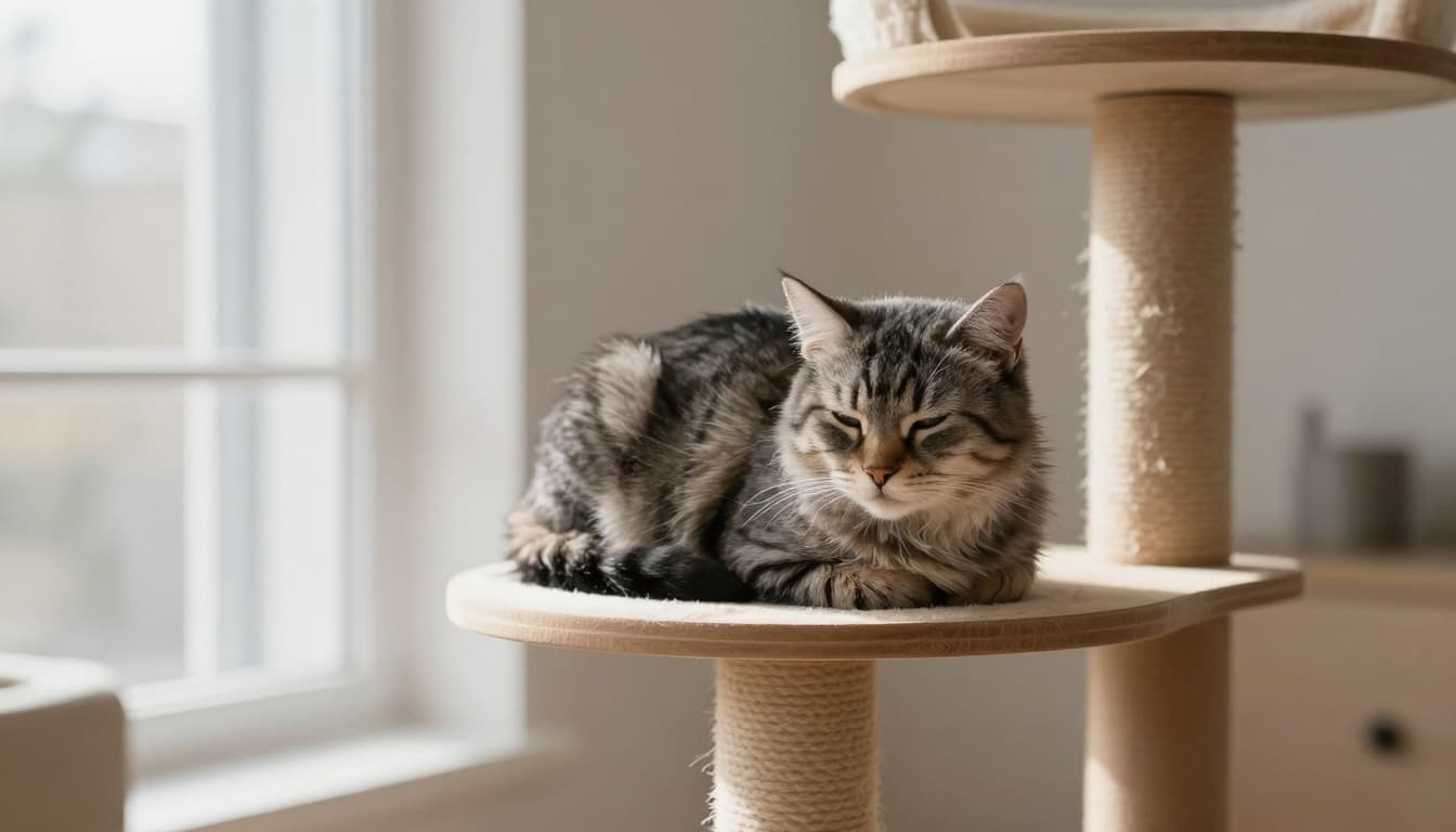 An elderly serene domestic cat rests peacefully curled up on a premium light wood cat tree perch in a bright modern Scandinavian living room with soft natural light.
