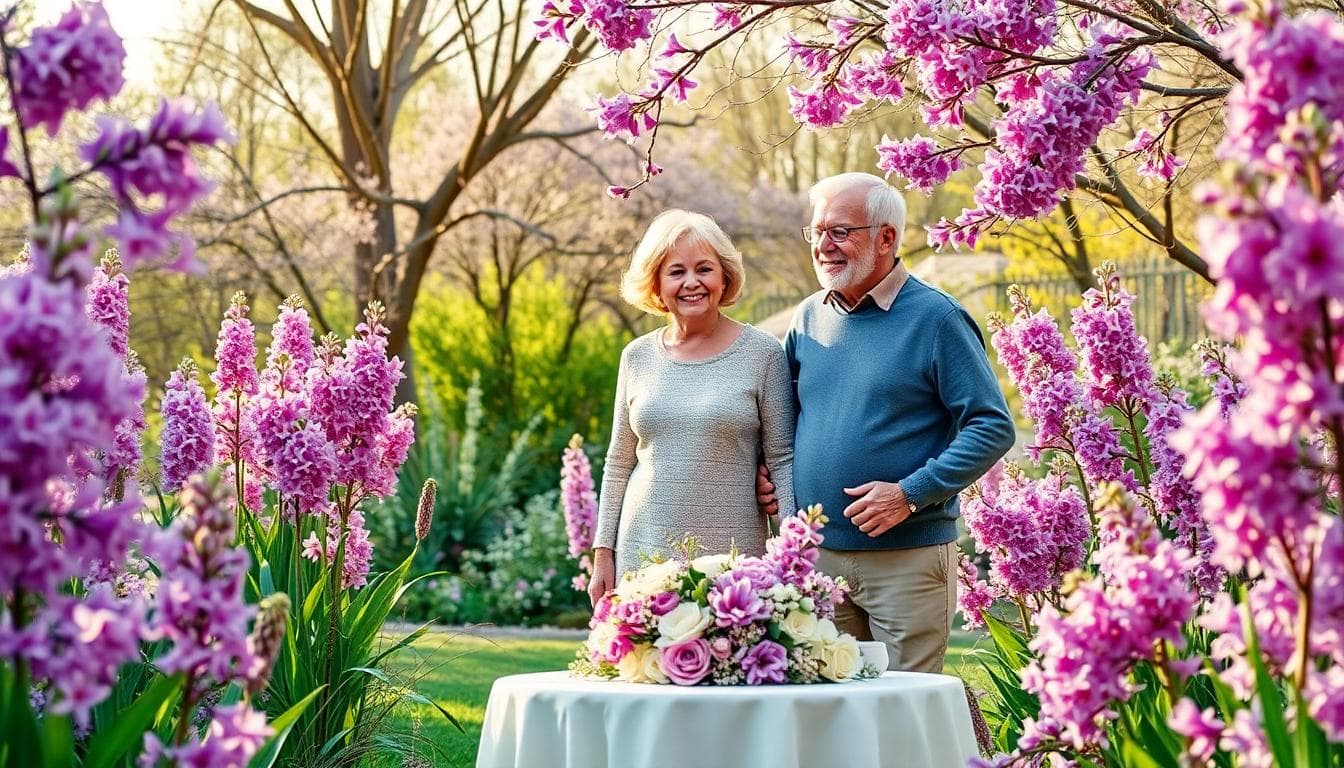Couple âgé dans un jardin de lilas, avec symboles d’anniversaires de mariage, ambiance bohème et douce
