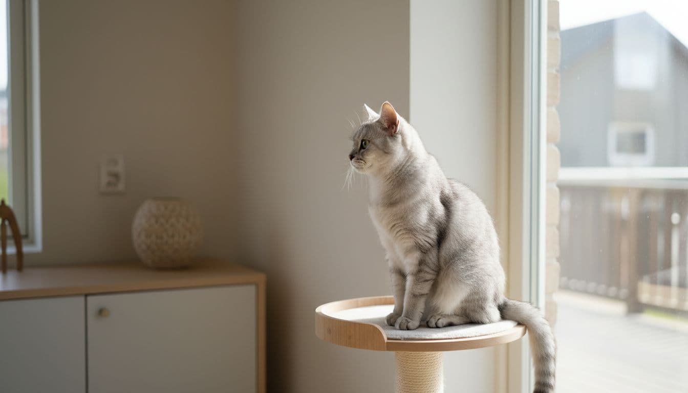 A graceful elderly cat with groomed grayish fur sits calmly on a premium natural wood cat tree perch in a bright minimalist Scandinavian interior, illuminated by soft morning sunlight with neutral tones.