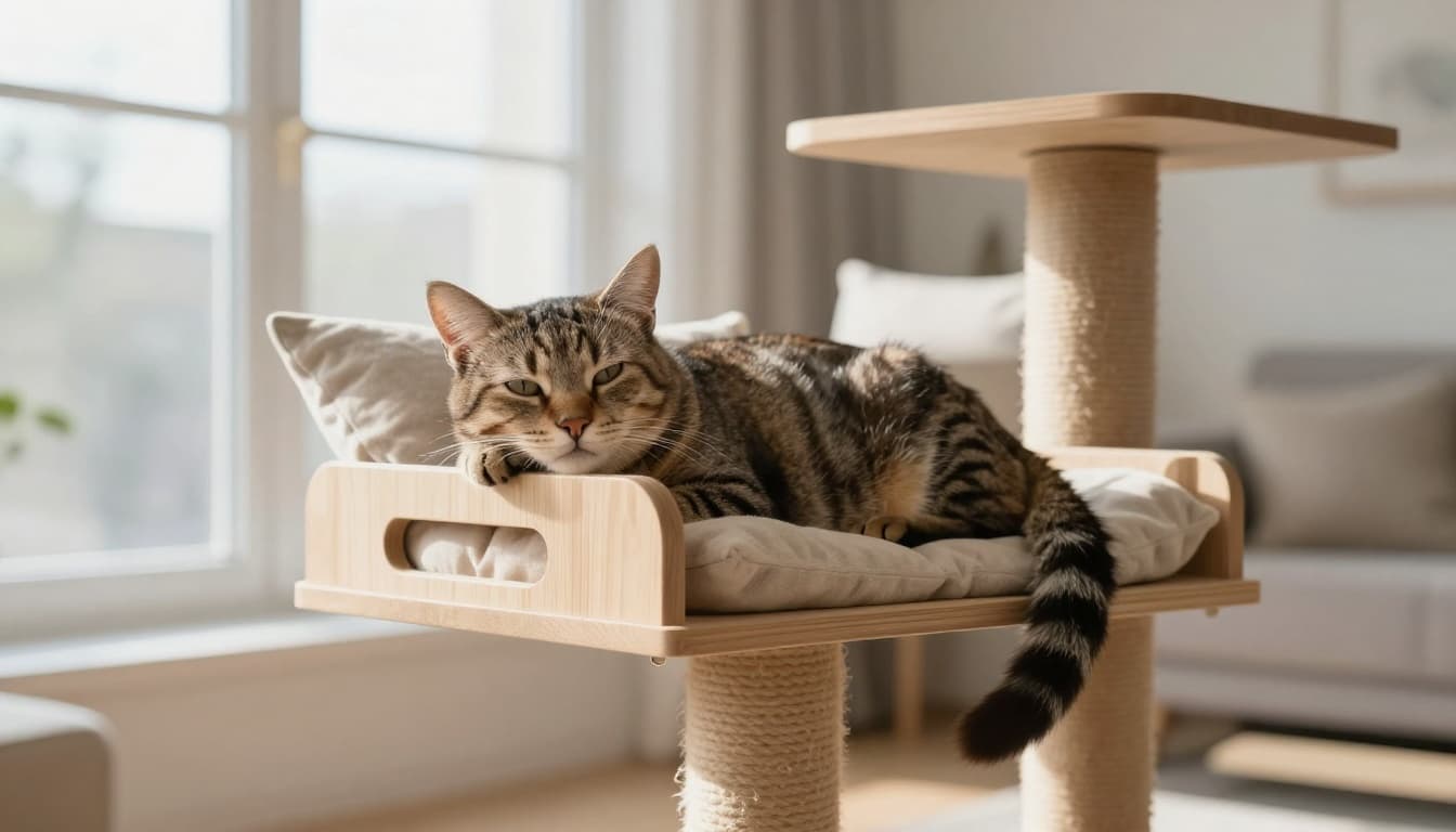 A serene elderly tabby cat rests peacefully on a low platform of a premium solid wood cat tree in a bright modern Scandinavian living room with natural light and minimalist neutral decor.