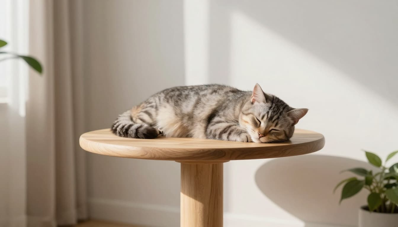 An elegant and serene adult cat sleeps comfortably on a high perch of a natural wood cat tree in a bright modern Scandinavian living room with sunlight filtering through light curtains and neutral beige-gray tones. The minimalist decor with subtle green plants creates a peaceful, cozy, and inviting atmosphere.