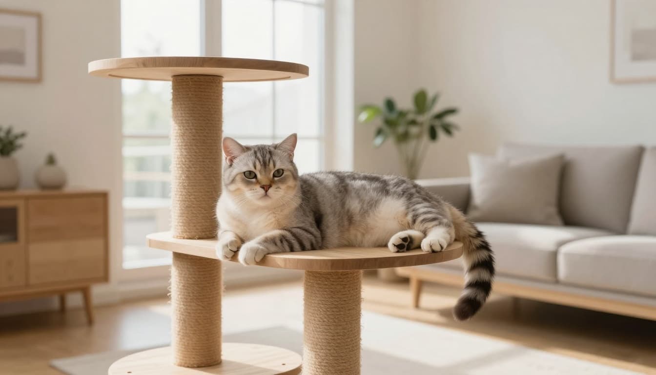 A serene European shorthair cat relaxes stretched out on a premium sturdy natural wood cat tree in a modern Scandinavian living room with bright morning light.