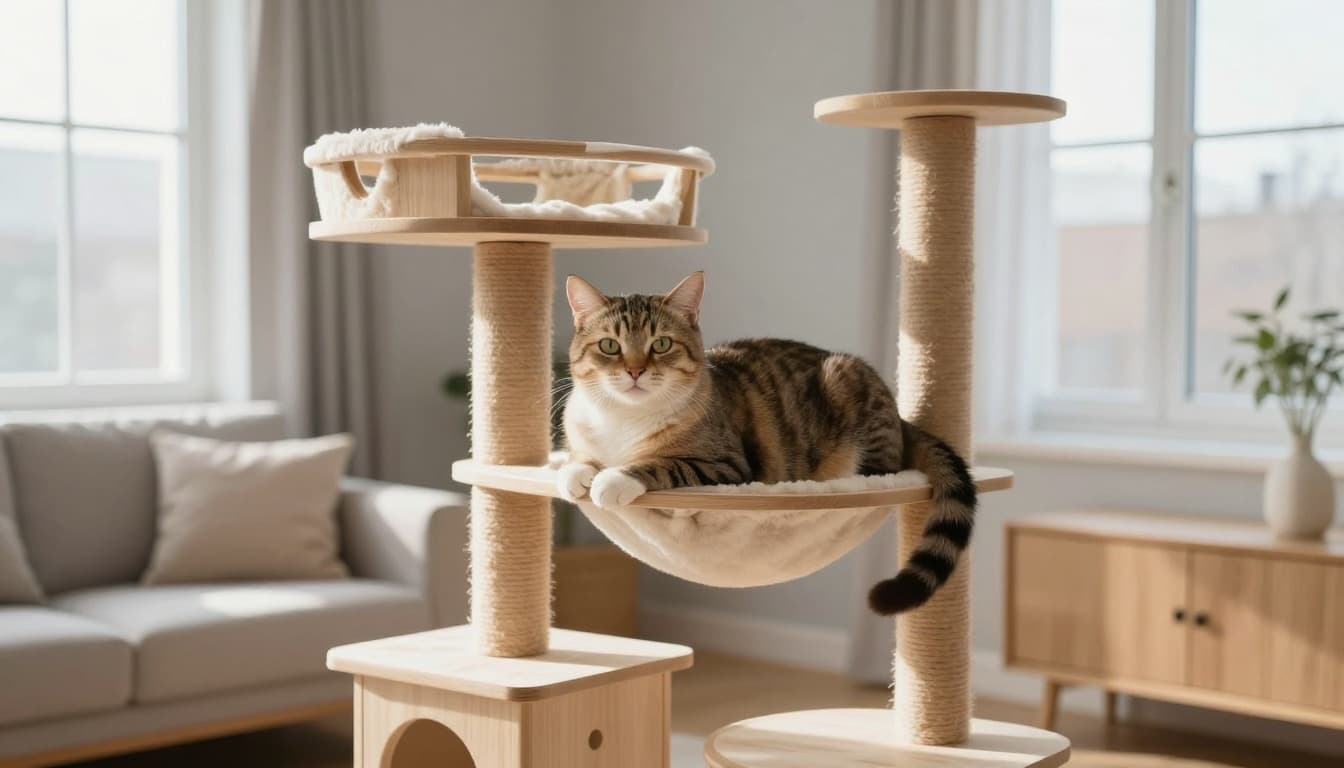 A serene European shorthair cat relaxes confidently on a premium natural wood cat tree in a bright modern Scandinavian living room with natural morning light.