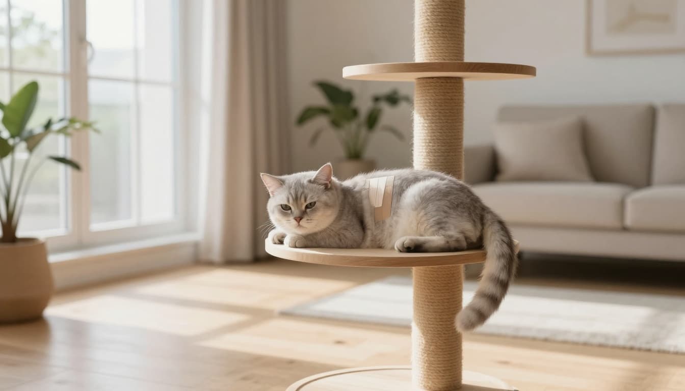 A light gray cat with a small clean bandage on its side rests peacefully on a sturdy wooden cat tree in a bright Scandinavian living room filled with natural sunlight and minimalist beige decor.