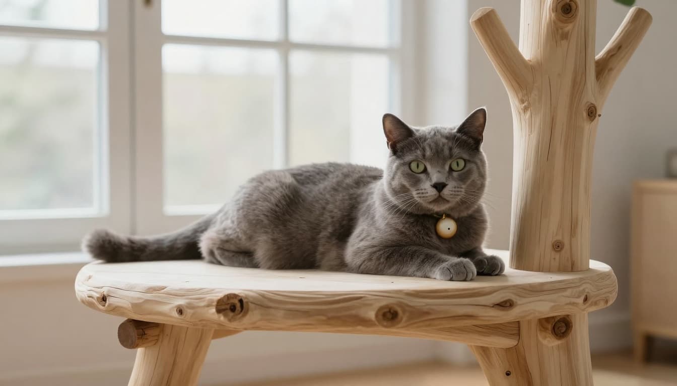 A male gray cat with green eyes calmly rests on a light wooden cat tree in a minimalist Scandinavian living room with abundant natural light filtering through large windows. The cat wears a subtle post-operative cone collar, exuding a warm, cozy, and elegant mood.