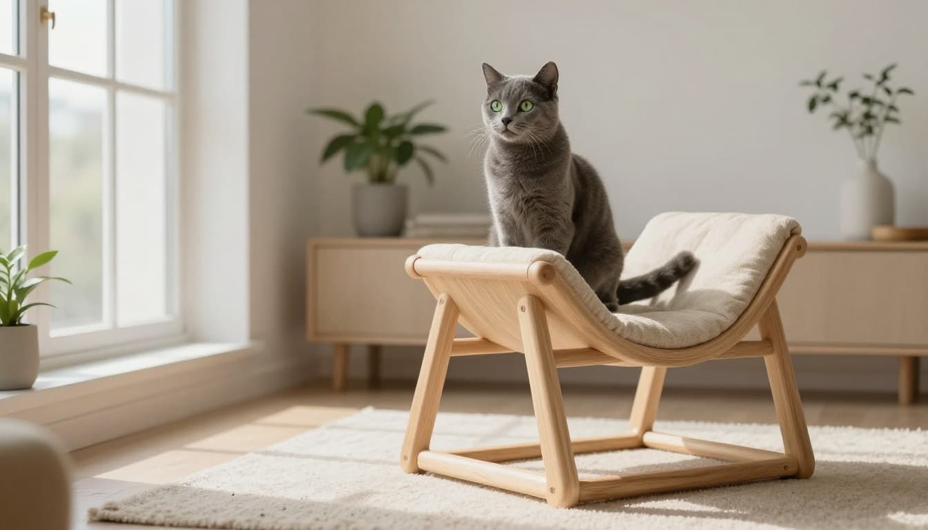 A serene gray cat with green eyes relaxes on a premium light wood and beige cat tree in a modern minimalist Scandinavian interior, illuminated by soft natural light filtering through a large window.
