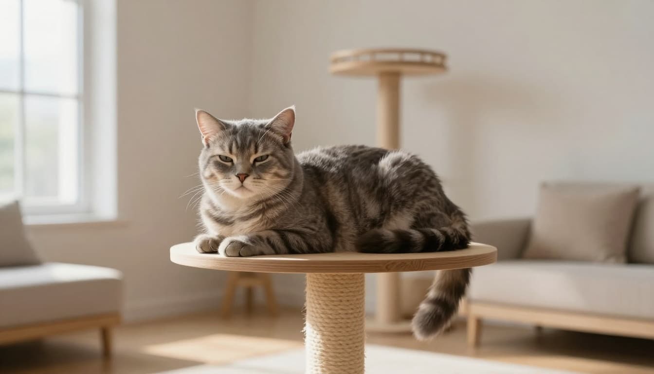 A relaxed fluffy gray tabby cat rests peacefully on a premium solid wood cat tree in a bright Scandinavian minimalist living room with soft natural light and neutral colors.