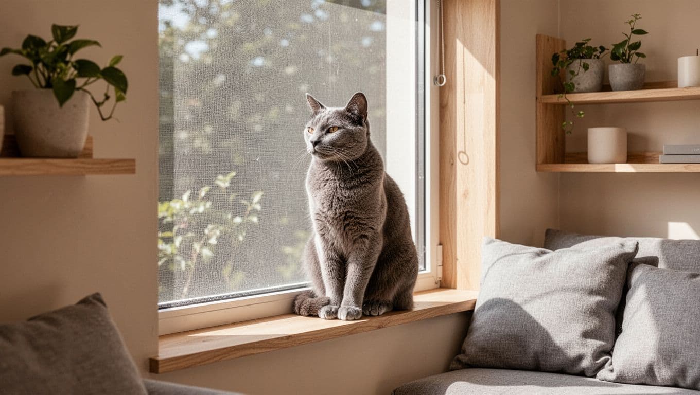 A calm female grey cat sits peacefully on a windowsill behind a secure mosquito net in a bright sunlit Scandinavian apartment living room, gazing serenely outside amid minimalist decor. Natural daylight filters in, highlighting light wood shelves with plants, beige walls, and soft grey cushions.