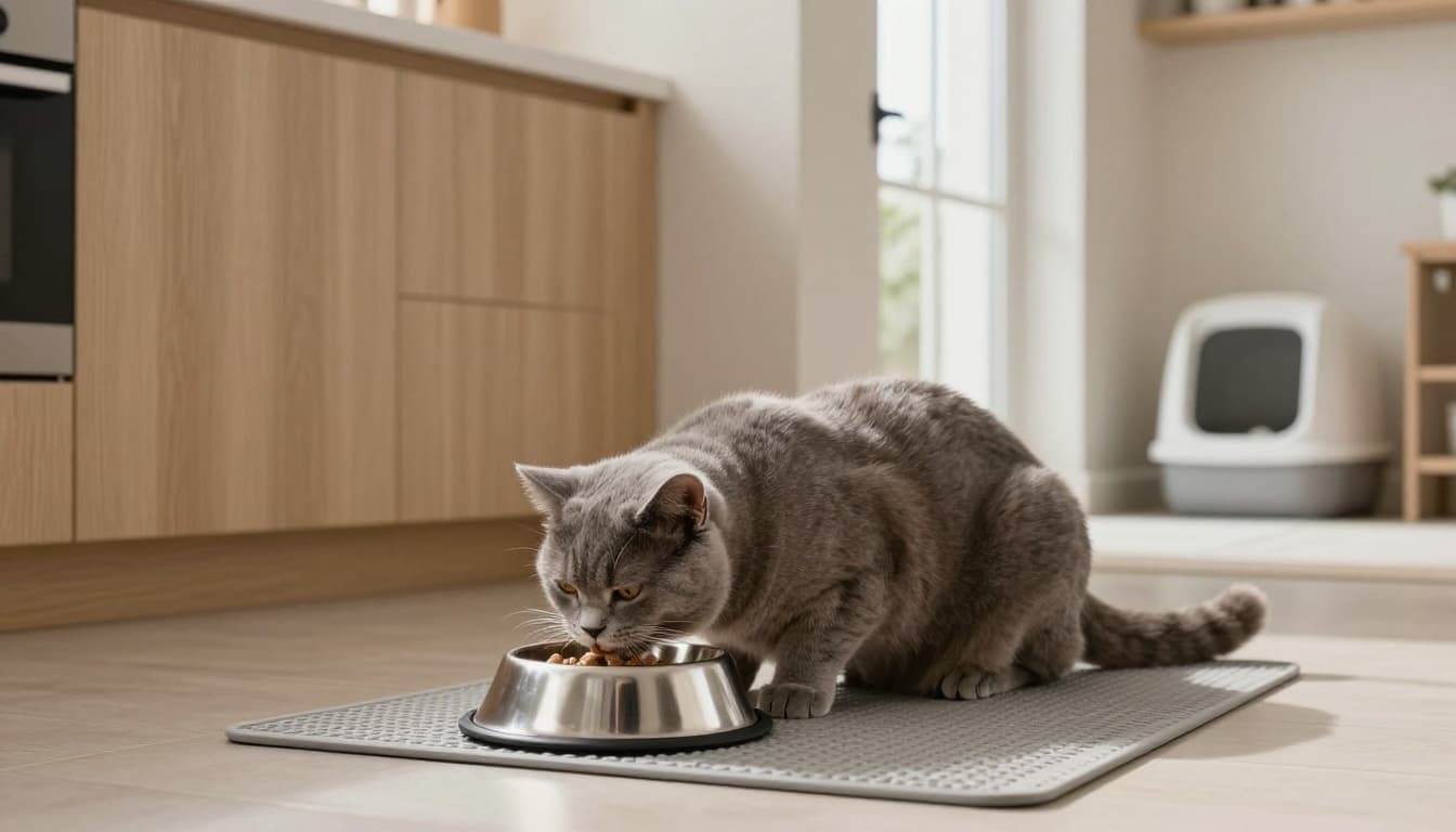 A serene domestic shorthair cat with soft grey fur eats contentedly from a wide shallow stainless steel food bowl on a textured easy-to-clean anti-slip mat in a quiet corner of a bright modern Scandinavian kitchen. The calm setup features light wood cabinets, neutral walls, natural light, minimalist decor, and a clean litter box visible in the distant background.