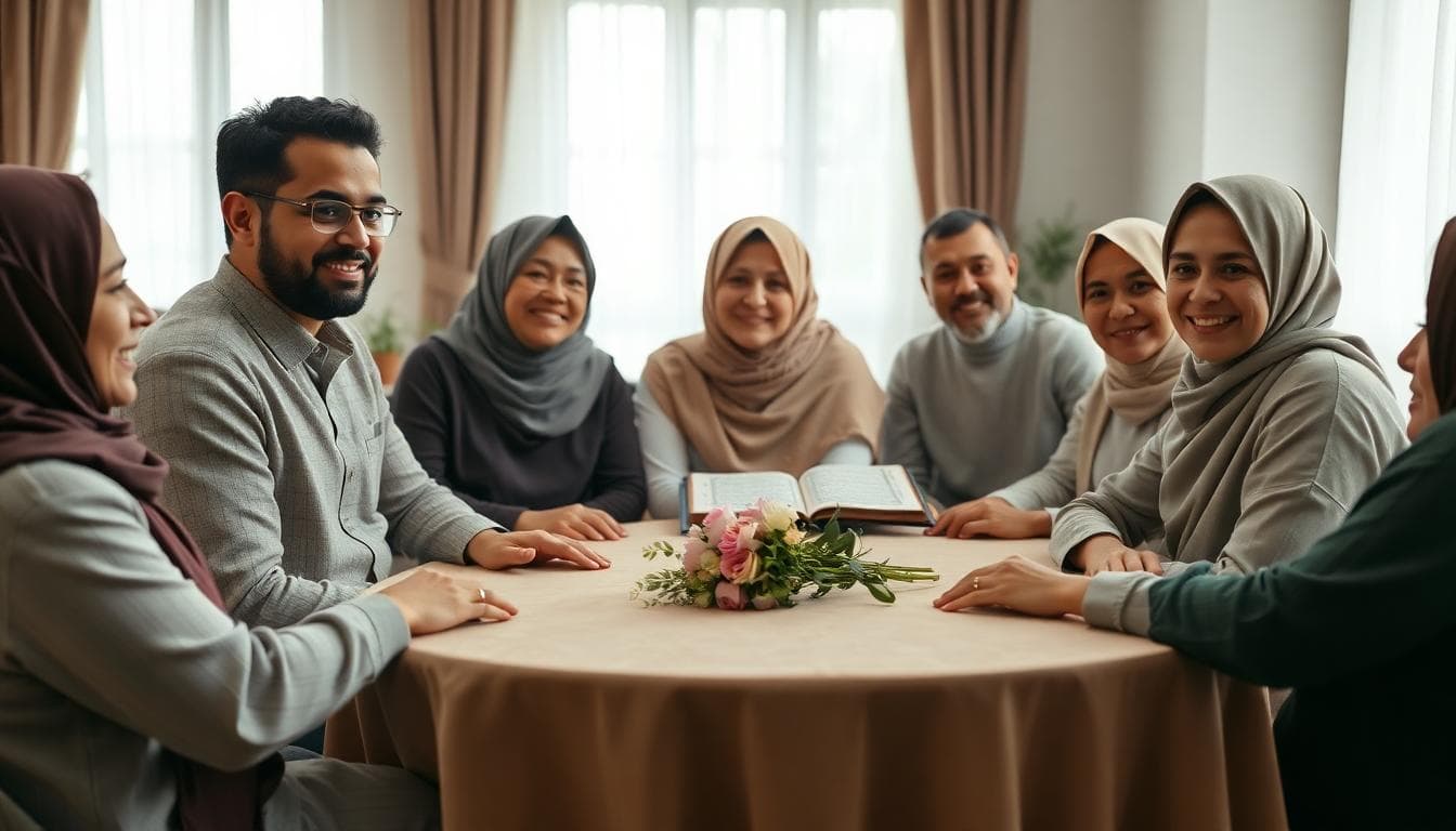 Une scène sereine et pudique d'une réunion familiale pour une demande en mariage islamique, avec une table simple ornée de dattes, un Coran ouvert, un petit bouquet de fleurs modestes et des douceurs partagées, la famille assise en cercle avec des expressions calmes et joyeuses, tenues modestes en tons neutres, fond d'une pièce chaleureuse avec lumière douce naturelle filtrant par une fenêtre, ambiance paisible et respectueuse, style réaliste avec des détails naturels, mood apaisant et intime, sans éléments modernes ou ostentatoires, composition centrée sur l'harmonie familiale.