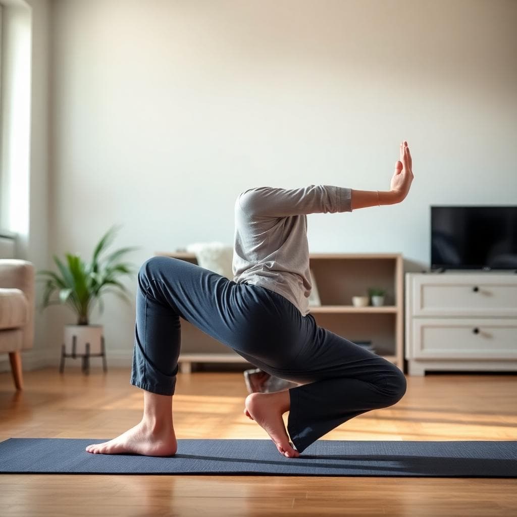 Entraînement de la position à genoux à la maison, posture stable et sereine, image créée avec IA