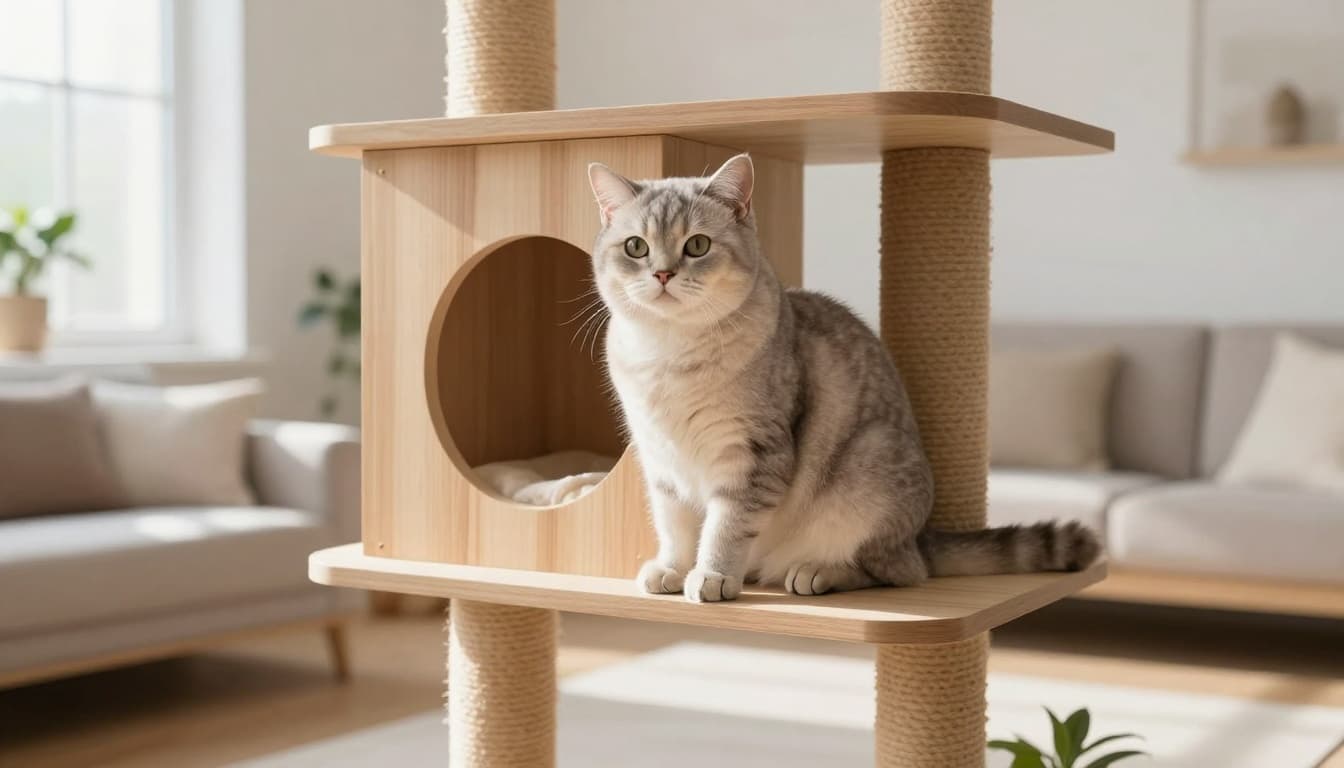 An elegant light gray female cat sits relaxed on a wide shelf of a premium wooden cat tree in a modern Scandinavian apartment living room, bathed in bright natural daylight amid minimalist neutral decor.