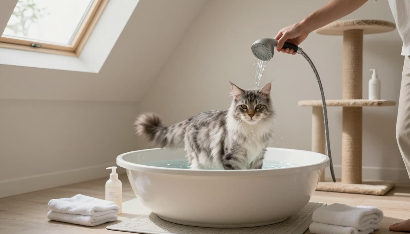 A composed Maine Coon cat stands calmly in a shallow tub of warm water in a minimalist Scandinavian bathroom bathed in natural skylight, as its owner gently pours water over its back using a handheld shower. Nearby towels, cat shampoo, and a premium cat tree enhance the cozy, premium lifestyle atmosphere.