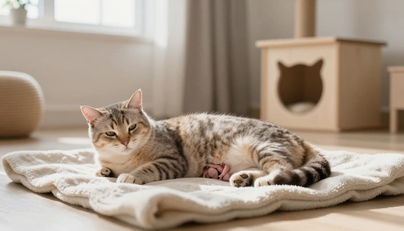 A mother cat lies comfortably in a clean birthing area on a soft blanket in a serene Scandinavian living room with natural light and minimalist decor. She appears calm with subtle contractions, evoking tranquility in premium lifestyle photography.
