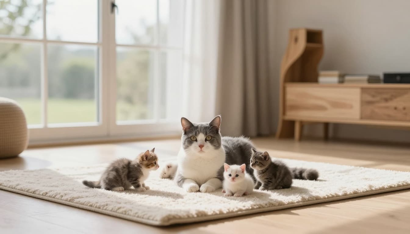A serene domestic cat surrounded by 4-5 newborn kittens nestled against her in a modern Scandinavian living room with abundant natural light, minimalist decor, and a warm cozy atmosphere.