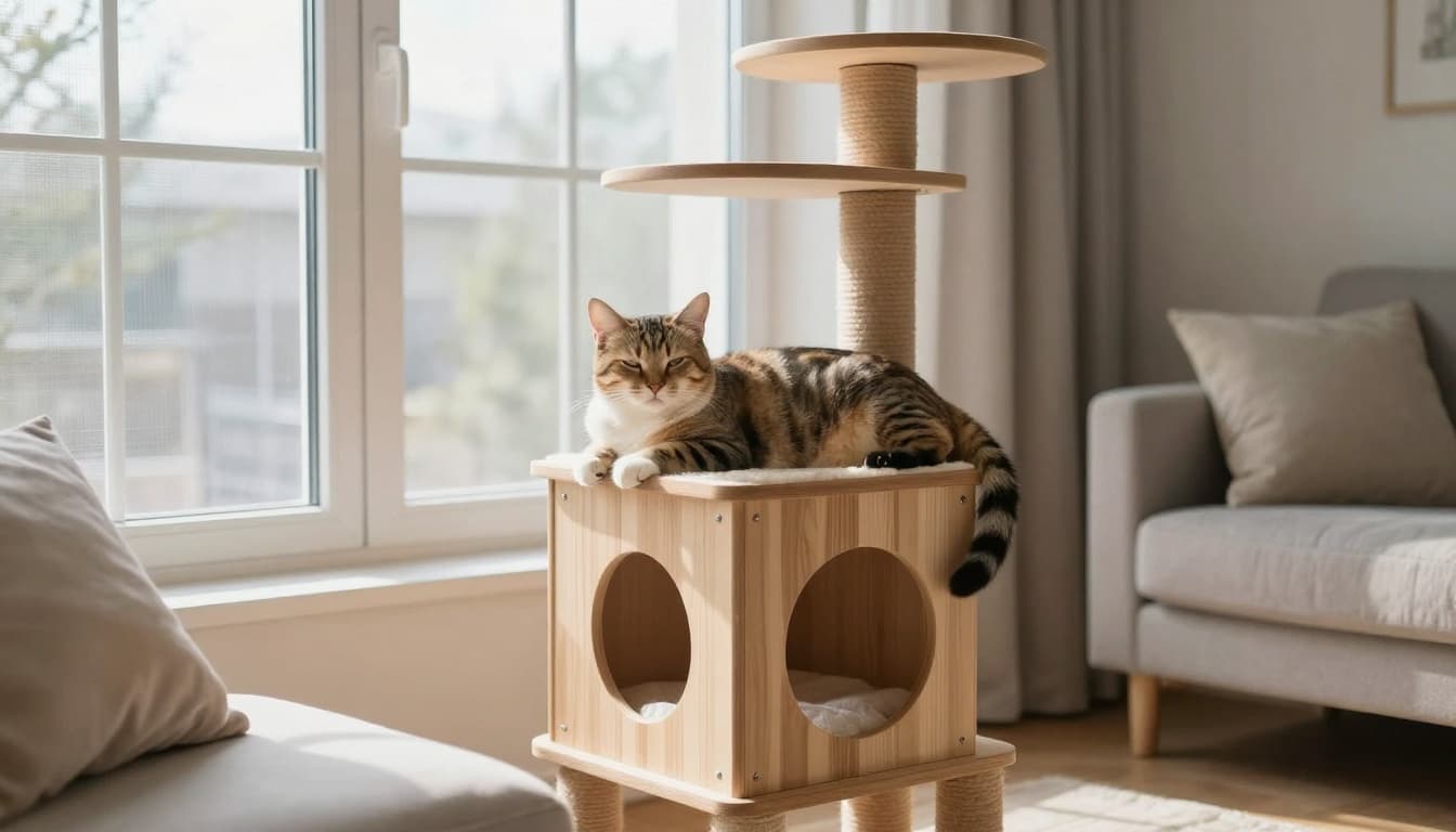A serene mother cat rests peacefully on a stylish wooden cat tree in a bright Scandinavian living room with secure windows and minimalist decor.