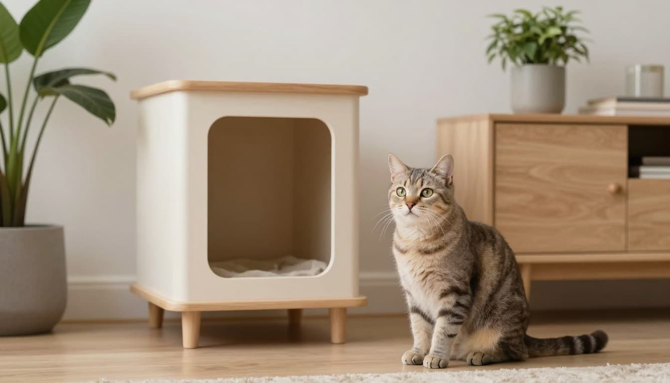 Calm owner observing pristine litter box in modern Scandinavian interior with comfortable adult cat nearby, soft natural light, neutral beige light wood gray tones, elegant plants and furniture, peaceful ambiance.