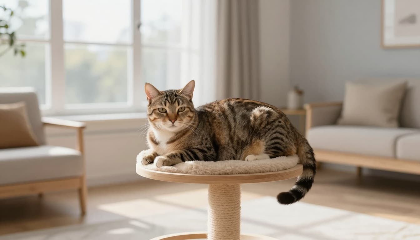 A pregnant tabby cat rests comfortably on a stylish wooden cat tree in a bright Scandinavian living room with minimalist decor and natural light. The serene cat embodies calm pregnancy in a cozy, neutral-toned atmosphere.