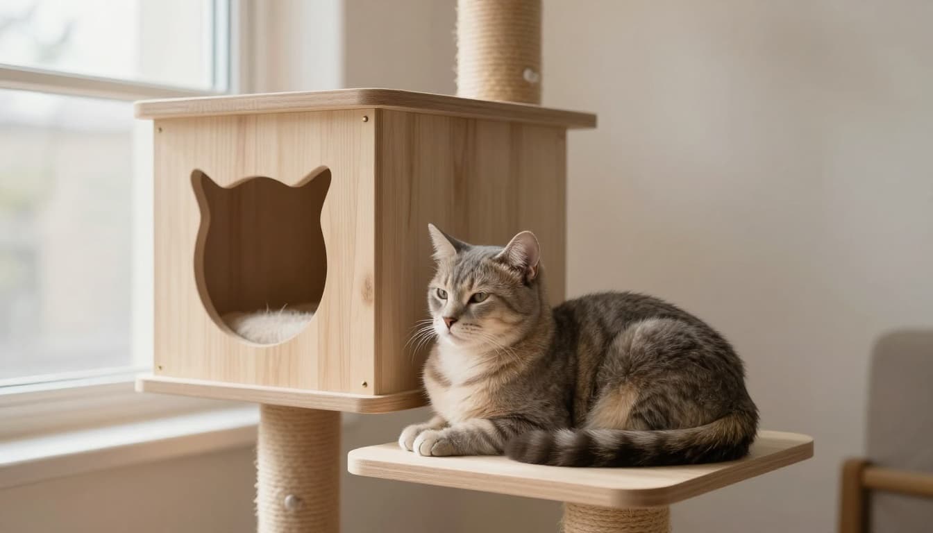 A serene adult cat rests curled up quietly in a cozy corner of a bright Scandinavian living room near a premium minimalist light wood cat tree, appearing slightly withdrawn and tired with soft fur.