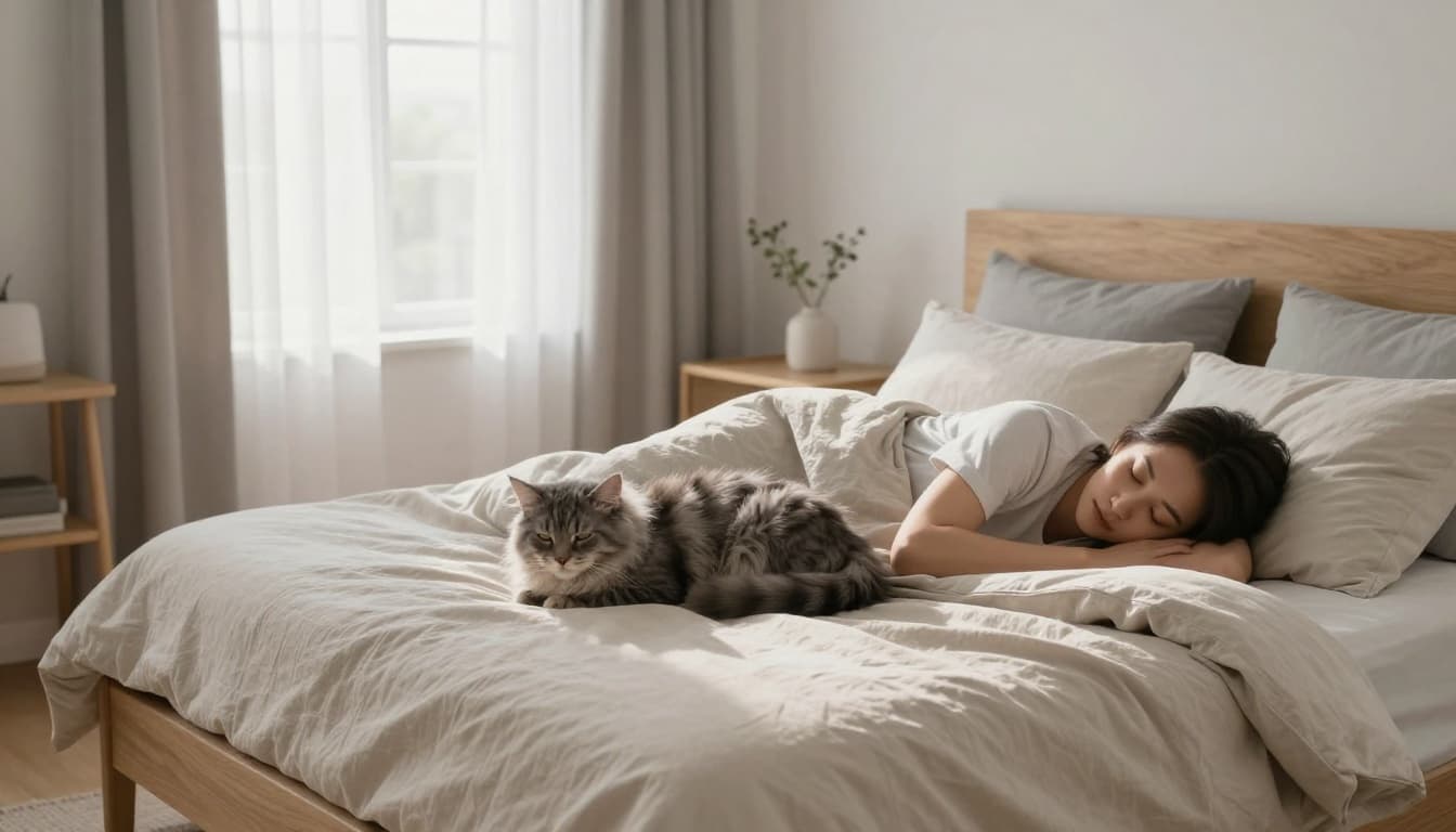 A relaxed adult sleeps peacefully under a light duvet in a bright Scandinavian bedroom, with a fluffy grey tabby cat curled up contentedly beside them. Natural morning light filters through sheer white curtains, enhancing the cozy, minimalist decor with light wood furniture and soft linens.