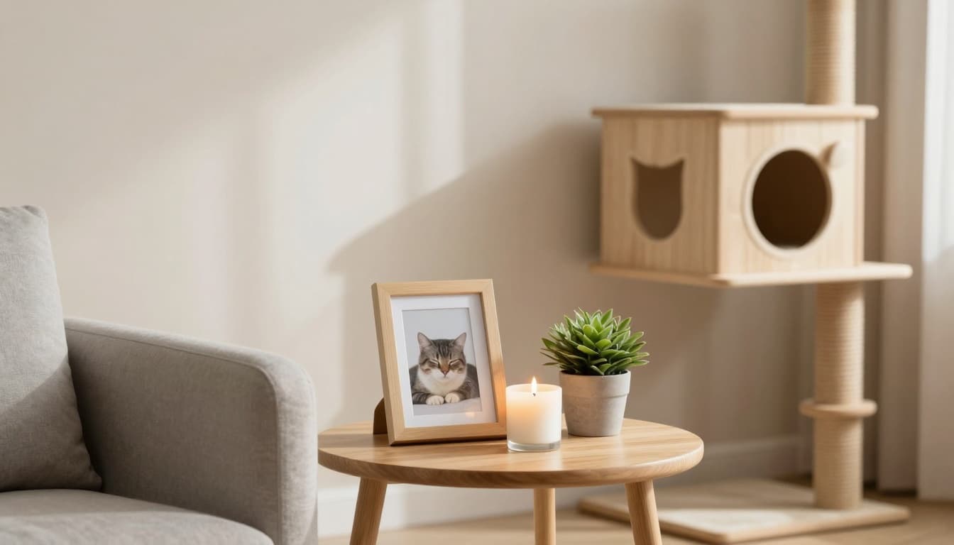 A serene Scandinavian living room bathed in bright natural light features minimalist decor in neutral tones with a wooden side table holding a framed photo of a sleeping cat, lit candle, and potted plant as a simple memorial, and a premium light wood cat tree in the background.