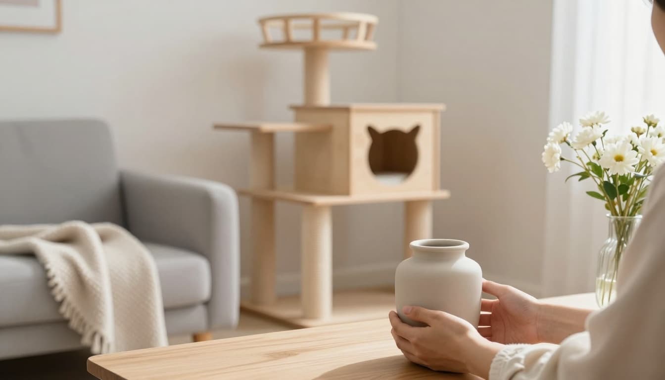Bright minimalist Scandinavian living room with natural light and cozy tones features a light wood cat tree in the background. Foreground shows hands gently holding a simple urn on a wooden table, surrounded by a soft blanket and white flowers, conveying peace and remembrance.