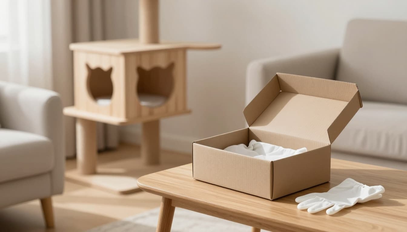 A serene Scandinavian living room bathed in bright natural light, featuring minimalist decor in neutral beige and light wood tones. In the corner stands a premium light wood cat tree, while a side table holds an open cardboard box lined with soft white linen and disposable gloves for a respectful preparation space.