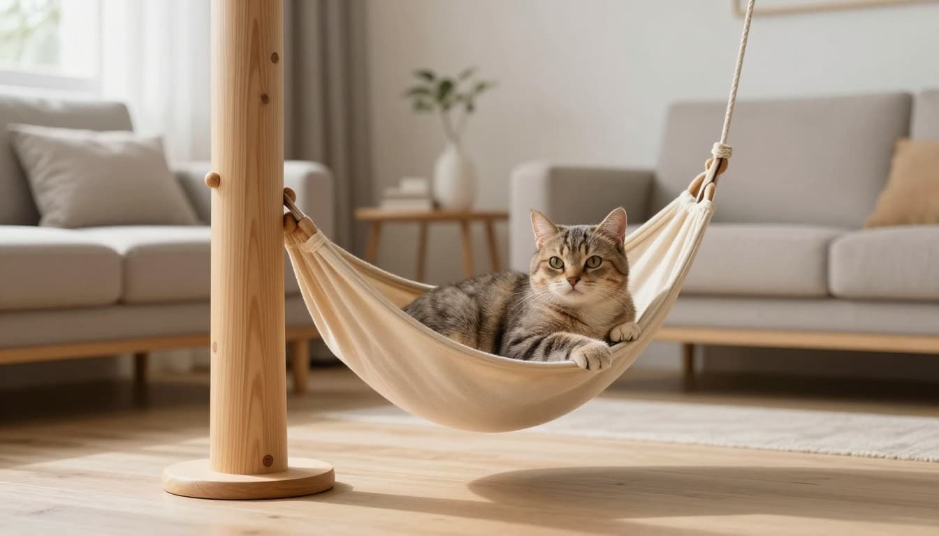 An elegant senior cat rests comfortably on a premium Meowood-style wooden cat tree with hammock in a modern Scandinavian living room filled with natural light, light wood floors, and neutral beige-gray walls, evoking a warm, cozy, and peaceful atmosphere.