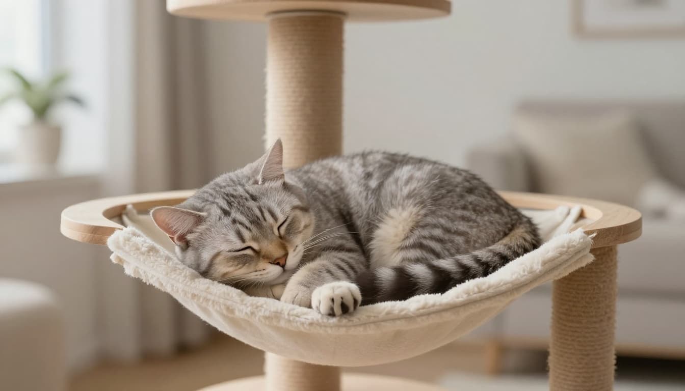 A serene adult cat in deep sleep curled up on a soft hammock of a premium wooden cat tree in a cozy Scandinavian living room with bright natural light. The cat's body is fully relaxed with paws slightly twitching as if dreaming.