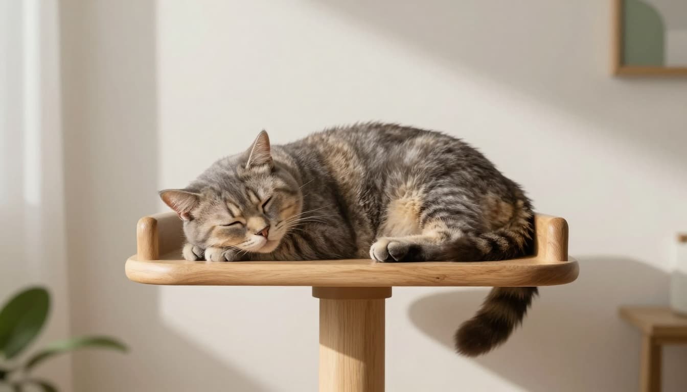 A serene adult cat sleeps deeply on a stable high perch of a premium natural light wood cat tree, curled confidently with relaxed muscles, in a modern minimalist Scandinavian living room bathed in soft morning natural light.