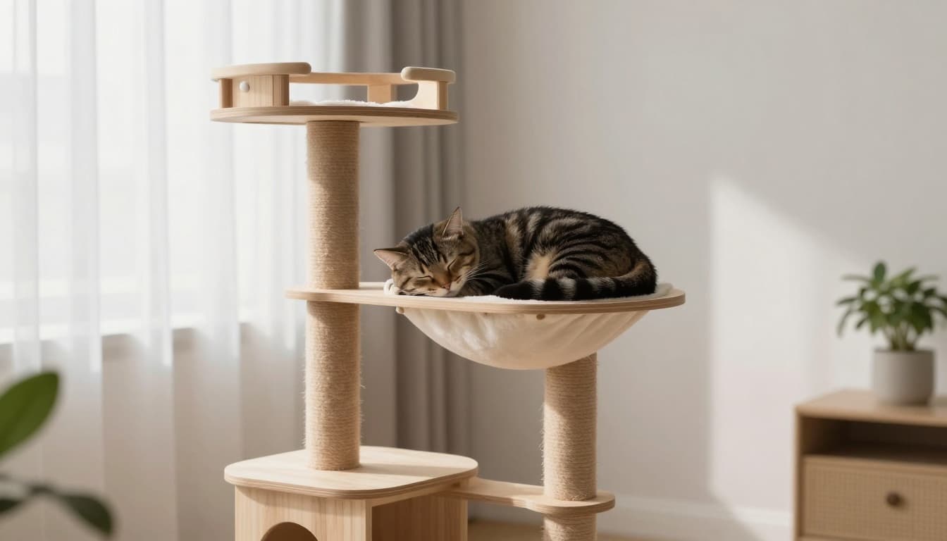 A serene adult cat sleeps curled up on a multi-level premium light natural wood cat tree in a bright modern minimalist Scandinavian living room with soft natural light and cozy atmosphere.