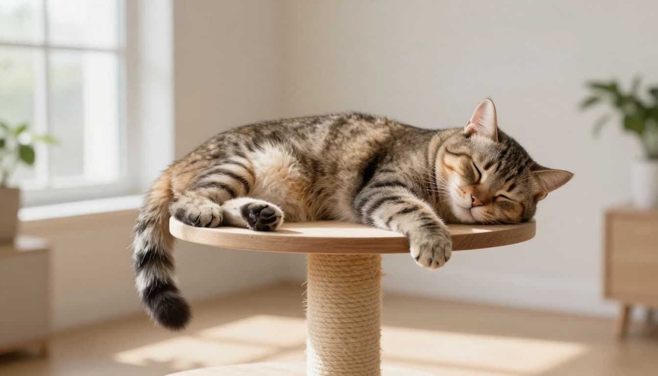 A relaxed happy adult cat sleeps peacefully on its side with partially exposed belly and loosely extended paws on a high perch of a premium light natural wood cat tree, in a bright minimalist Scandinavian living room with soft natural sunlight.