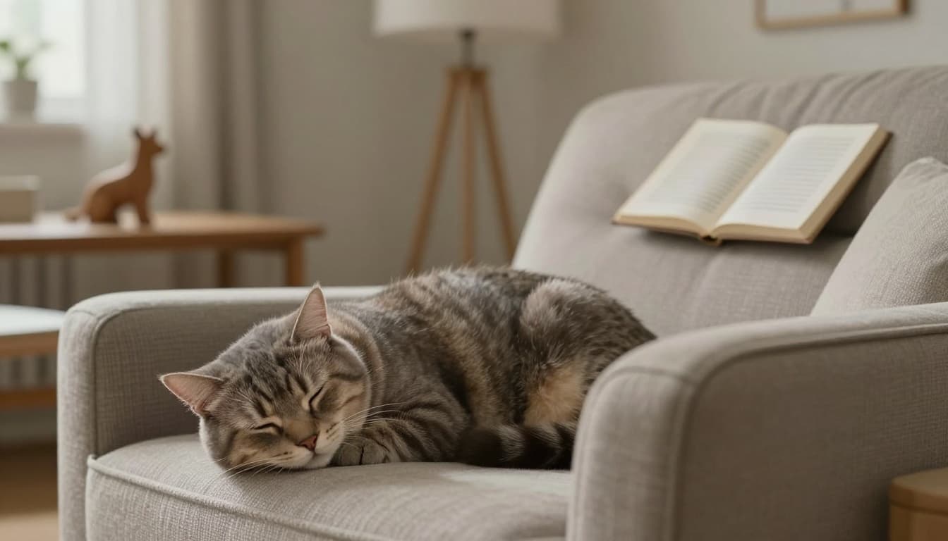 In a bright cozy Scandinavian living room with abundant natural light, a calm cat sleeps deeply on a light gray fabric sofa, undisturbed post-sterilization. Blurred owner reads a book in the background amid neutral tones and minimalist decor including an elegant wooden cat tree.