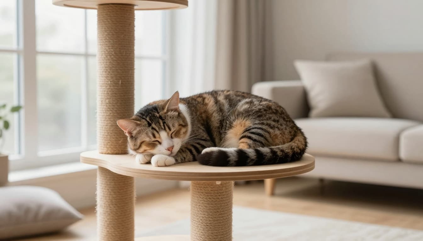 A serene adult cat sleeps peacefully curled up on a premium wooden cat tree in a bright Scandinavian living room with natural light and minimalist decor.