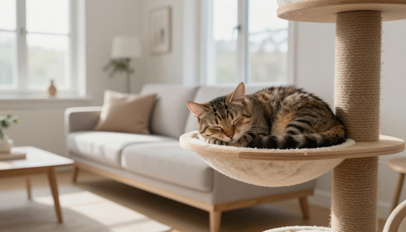A serene adult cat sleeping curled up comfortably on a premium wooden cat tree hammock in a bright Scandinavian living room with natural light and minimalist decor.