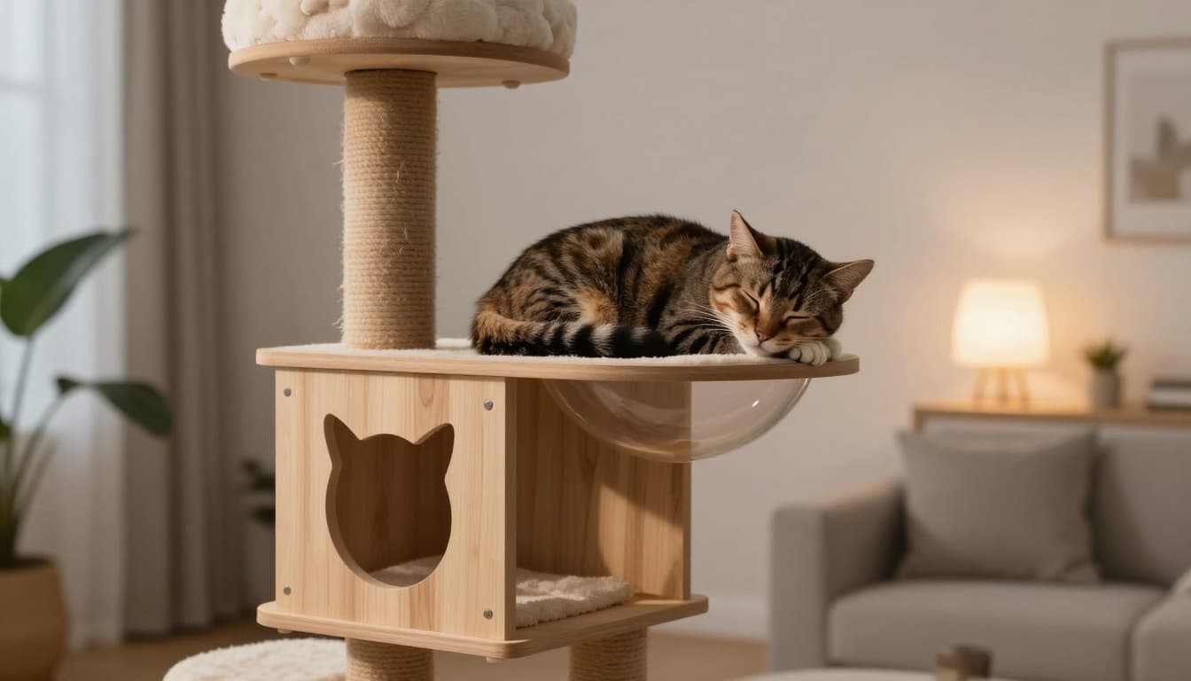 A serene adult cat curled up sleeping peacefully on a high stable perch of a natural light wood cat tree in a cozy modern Scandinavian living room at dusk with soft warm lighting.