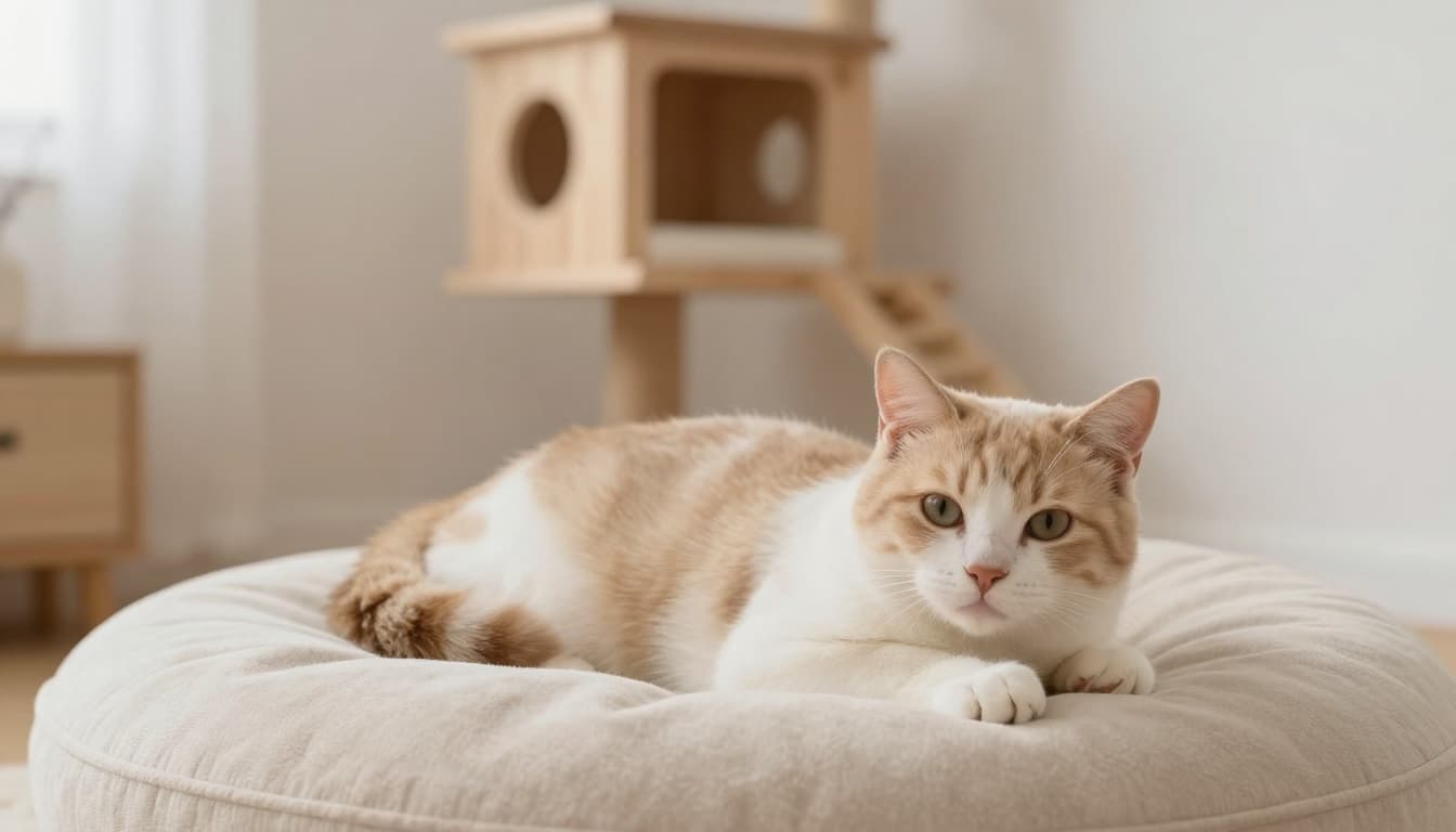 A young and serene domestic cat rests calmly after sterilization in a modern cozy Scandinavian interior with natural light, minimalist light wood and beige decor, focused on the relaxed cat on a soft cushion with a blurred elegant Meowood cat tree in the background.