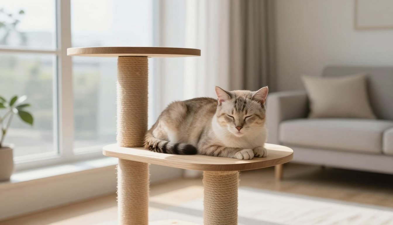 A serene female cat rests peacefully after sterilization recovery on a premium light wood cat tree in a bright modern Scandinavian living room with soft natural light and minimalist decor.