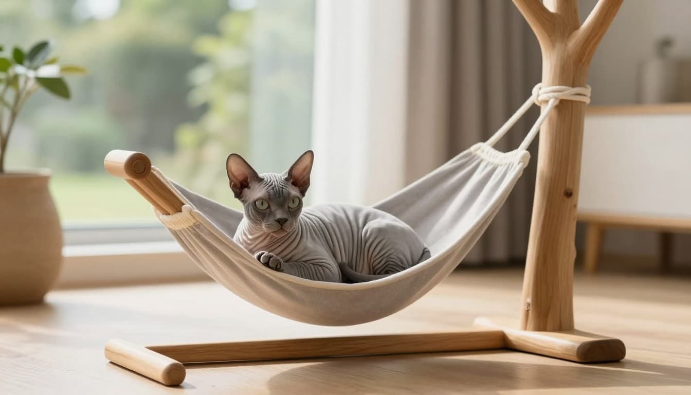 A serene Sphynx cat lies relaxed on a hammock of a premium natural wood cat tree in a bright, minimalist Scandinavian interior with abundant natural light and a garden view through the window.