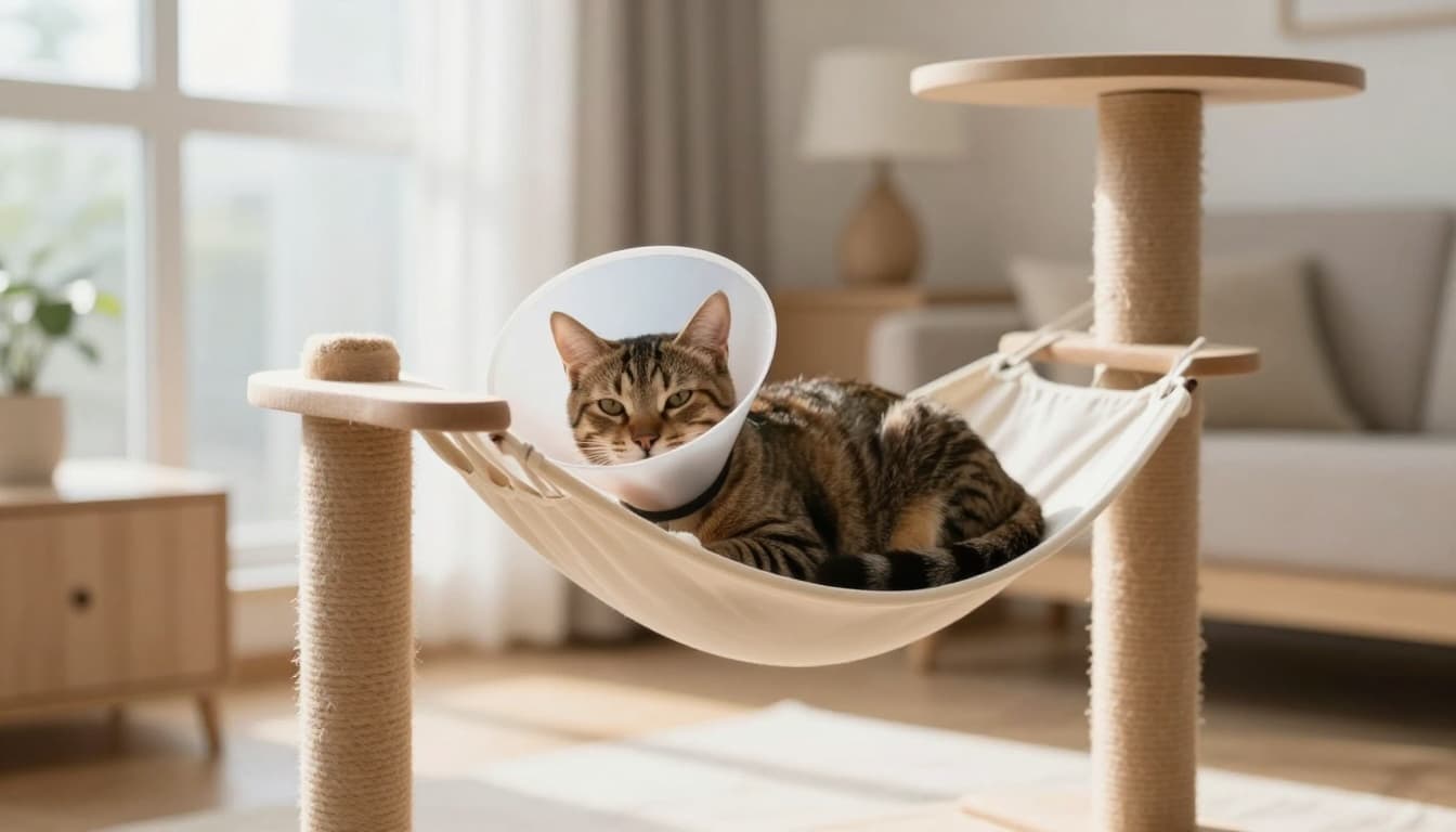 An adult tabby cat wearing a soft cone collar after surgery rests comfortably on a hammock of a high-quality natural wood cat tree in a modern Scandinavian living room with bright natural light and cozy minimalist decor.