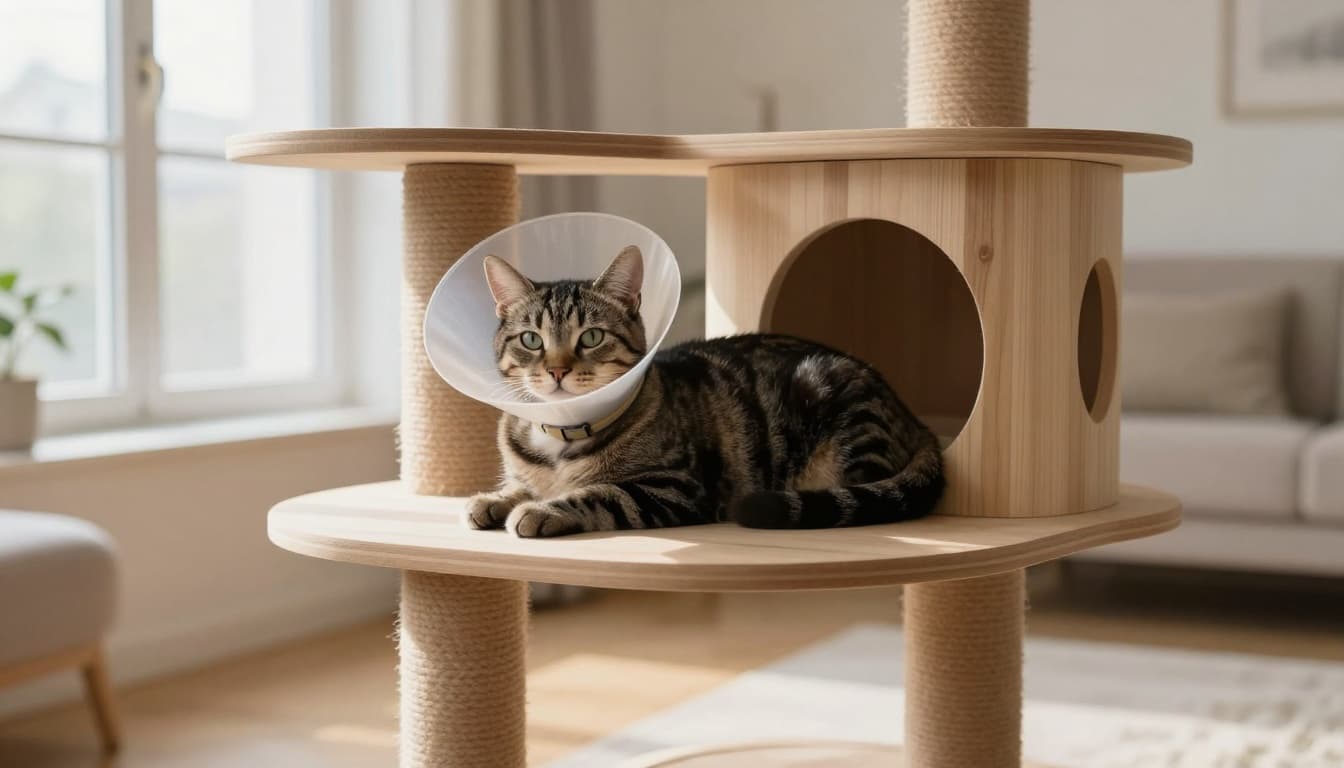 A serene adult tabby cat wearing a light cone collar rests calmly on a spacious platform of a premium solid natural wood cat tree in a minimalist Scandinavian living room bathed in bright natural light.