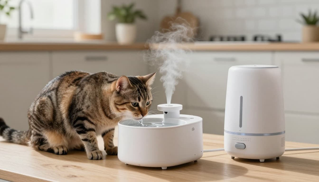A serene tabby cat drinks fresh water from a modern cat fountain on a light wood floor in a cozy Scandinavian kitchen with bright natural light and a stylish humidifier.